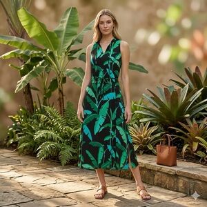 Tommy Hilfiger Sleeveless Dress BlueGreen Tropical Banana Leaf Print V Neck Sz 8